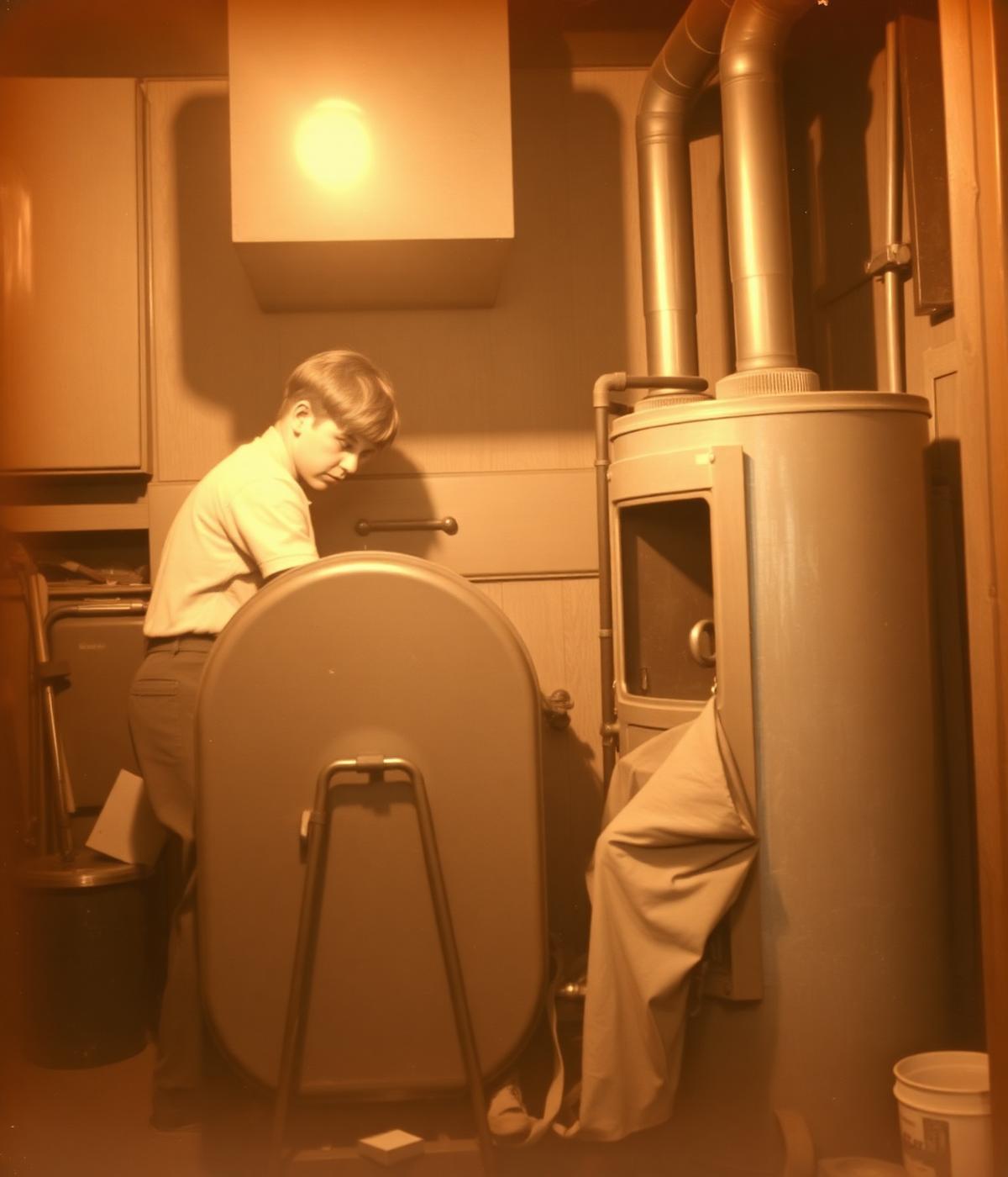 A young technician working on a heating system, 1946